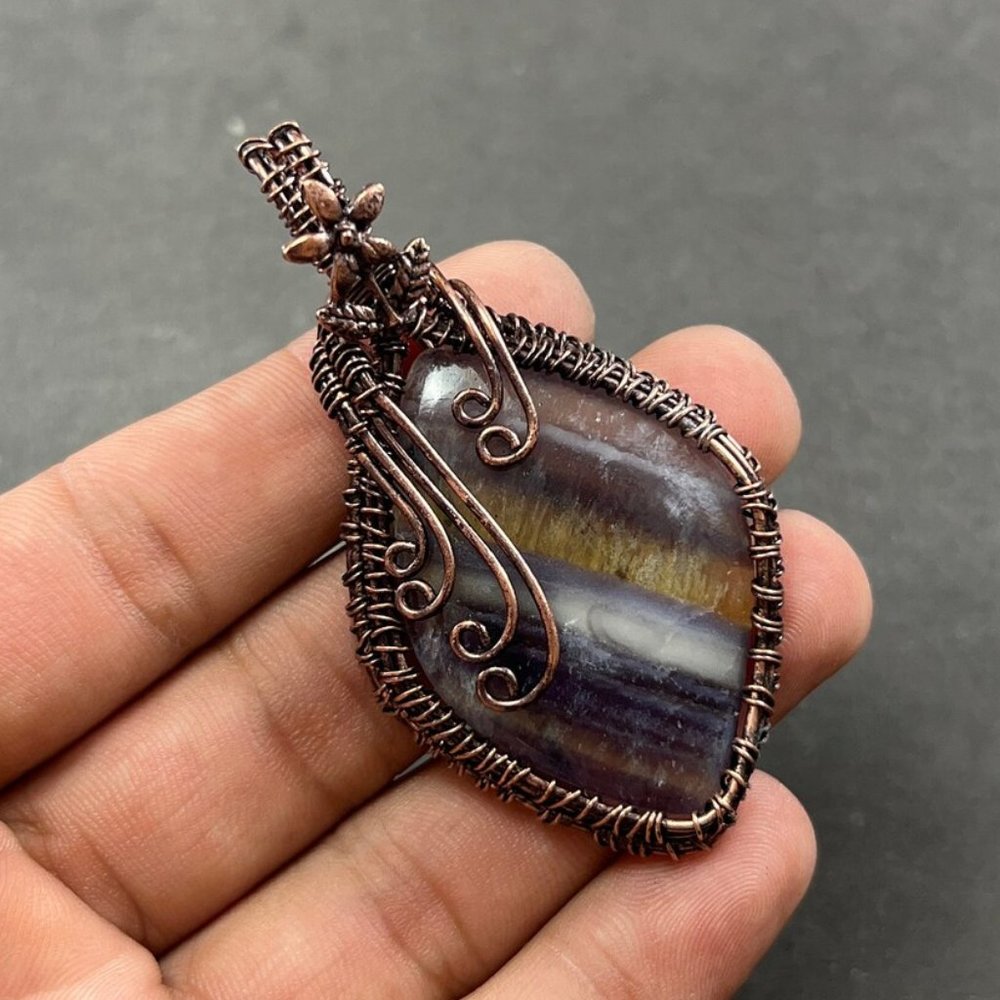 Fluorite Gemstone Pendant Copper Wire Wrapped